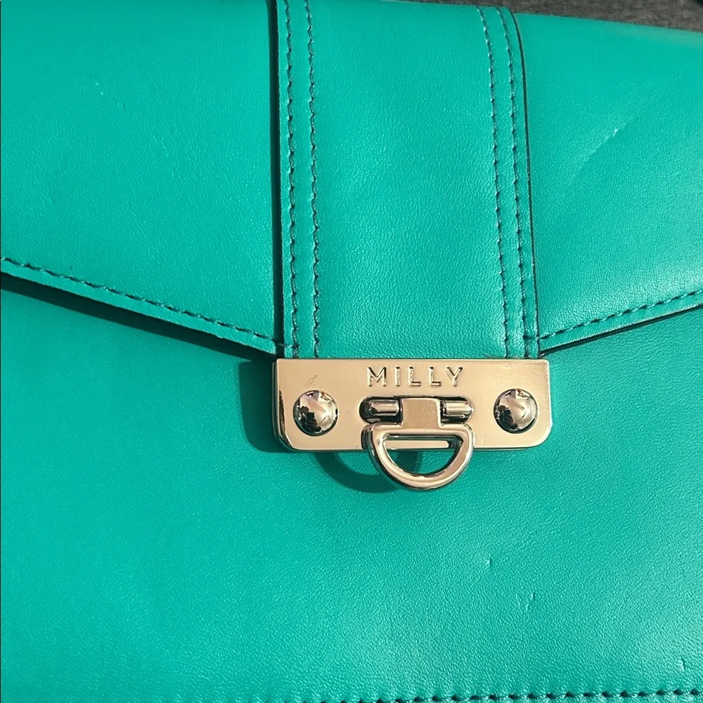 MILLY Aqua Leather Turquoise Envelope Crossbody Bag - Picture 2 of 7
